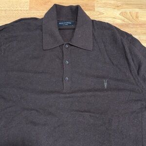 All Saints Men's Dark Brown long sleeve polo wool